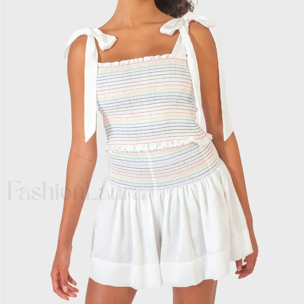 Shirred Tie Shoulder Crop Cami Elastic Waist Shorts Two Piece Set White / S