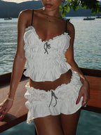 Shirring Tiered Skirt Two Piece Set WHITE / S