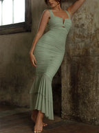 Shirring V Neck Mermaid Maxi Dress Green / S