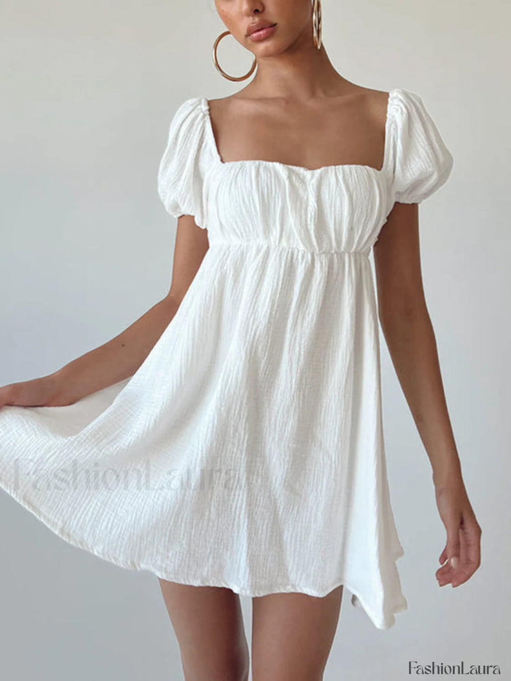Short Puff Sleeve Square Neck Mini Dress White / S Mini Dresses