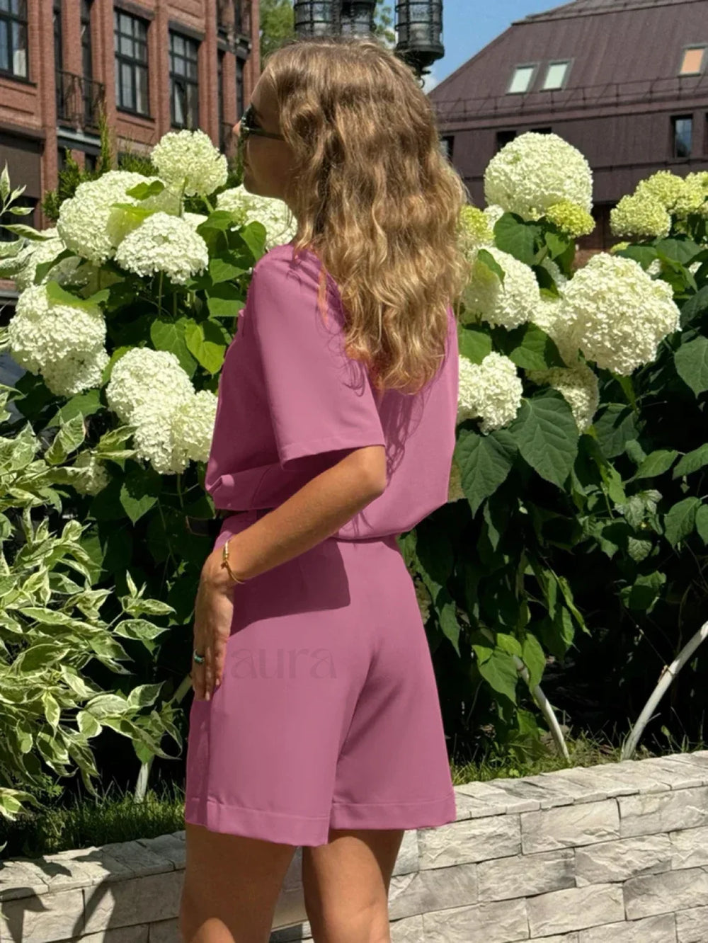 Short Sleeve Collar Pink Pajama Two Piece Set