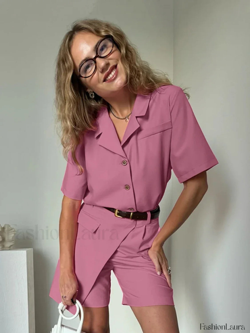 Short Sleeve Collar Pink Pajama Two Piece Set