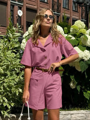 Short Sleeve Collar Pink Pajama Two Piece Set