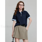 Short Sleeve Knitted Crew Neck T Shirt Navy Bule / S
