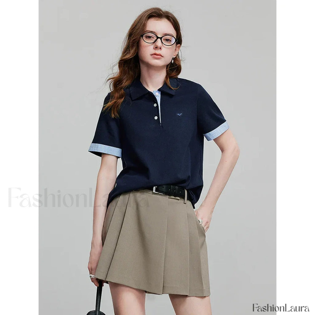 Short Sleeve Knitted Crew Neck T Shirt Navy Bule / S