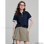 Short Sleeve Knitted Crew Neck T Shirt Navy Bule / S