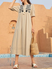 Short Sleeve Printed Boho Dress Apricot / S