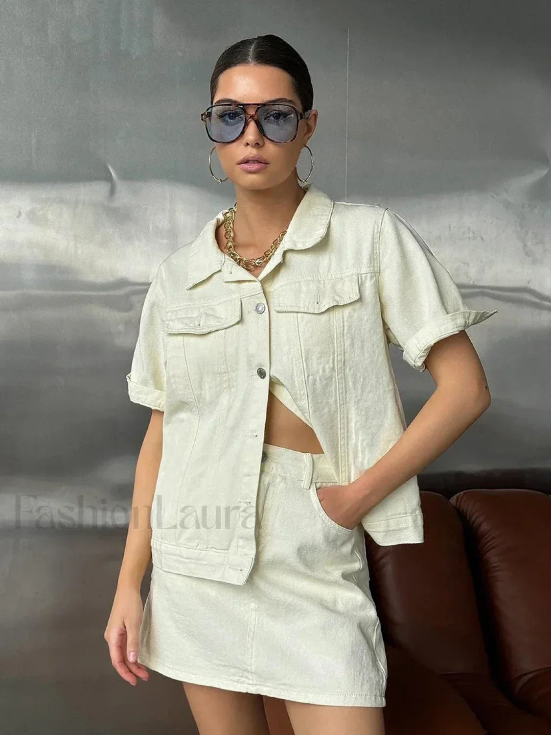 Short Sleeve Skirt Nightwear Two Piece Set Beige / S Main image