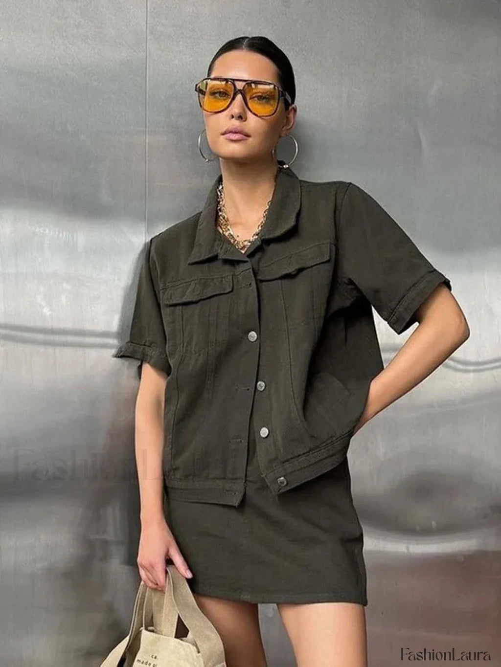 Short Sleeve Skirt Nightwear Two Piece Set GRAY / S