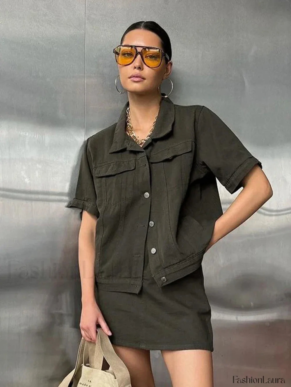 Short Sleeve Skirt Nightwear Two Piece Set GRAY / S