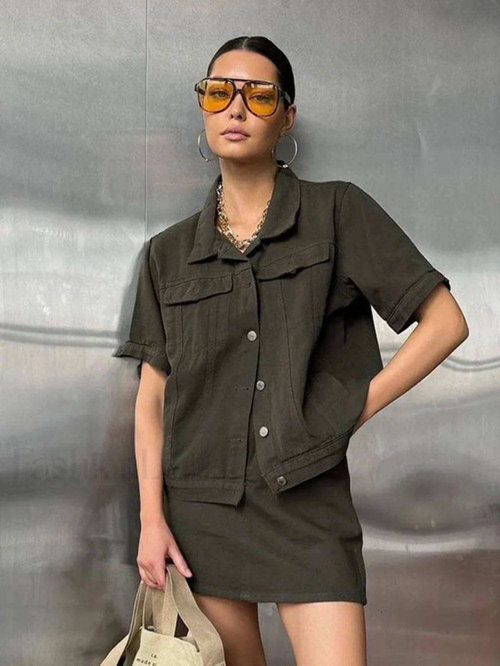 Short Sleeve Skirt Nightwear Two Piece Set GRAY / S