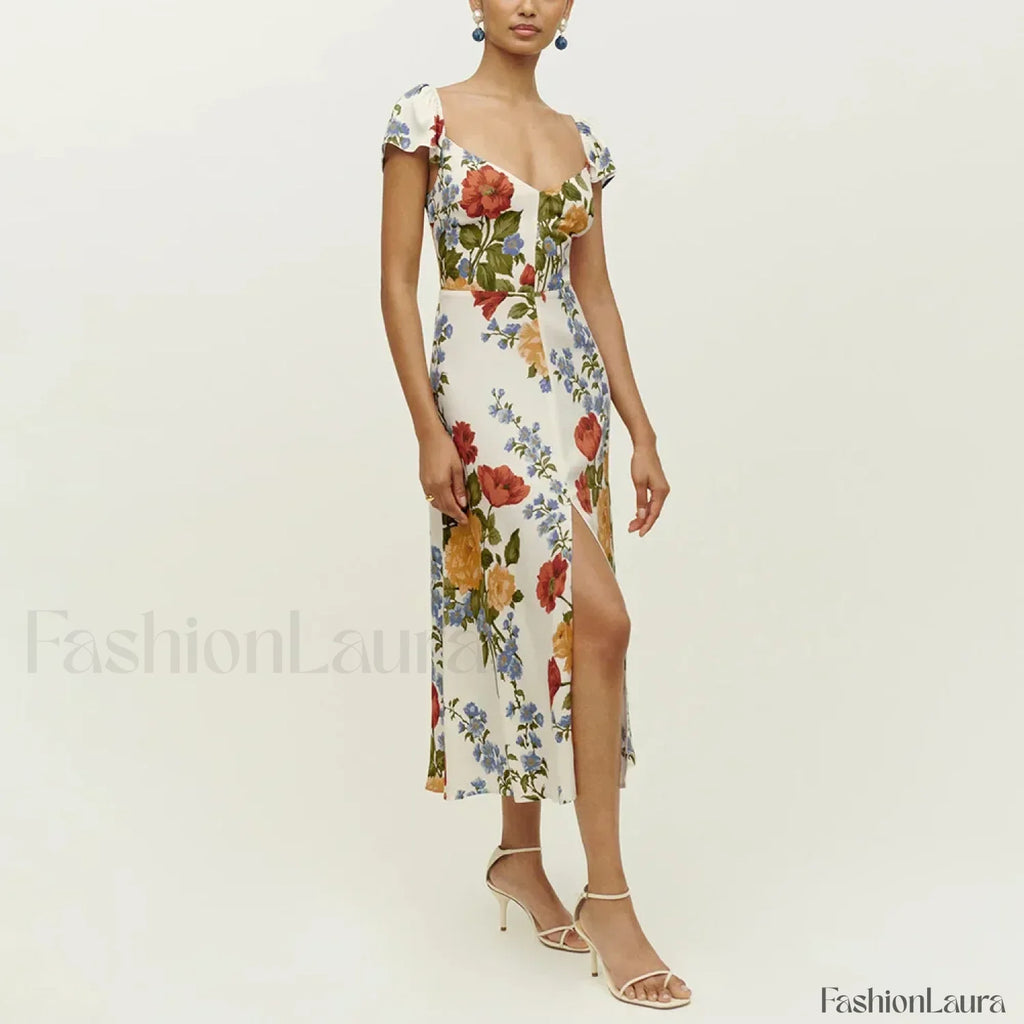 Short Sleeve Slit Floral Dress white / S