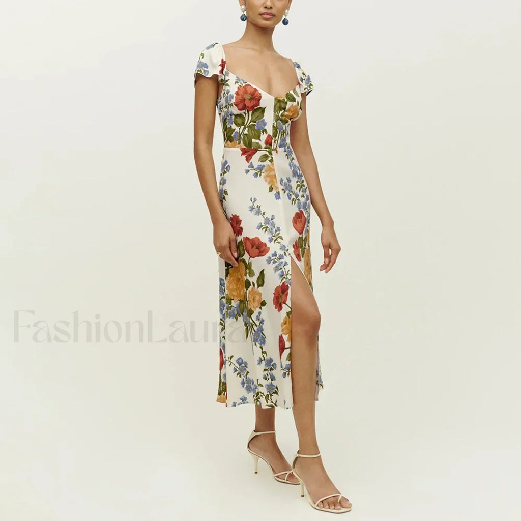 Short Sleeve Slit Floral Dress white / S