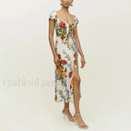 Short Sleeve Slit Floral Dress white / S
