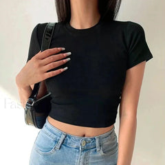 Short Sleeve Solid Simple Casual Crop Top