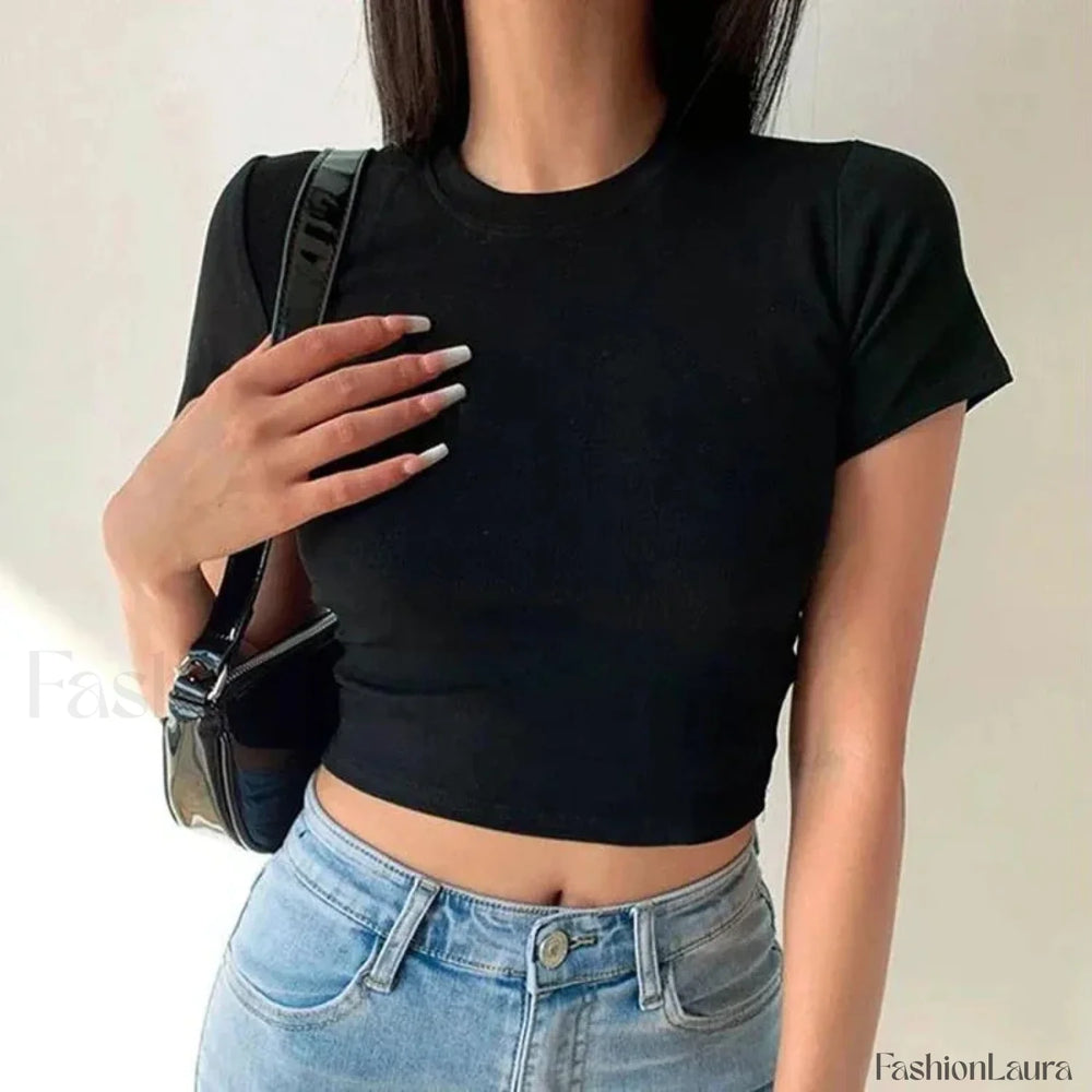 Short Sleeve Solid Simple Casual Crop Top