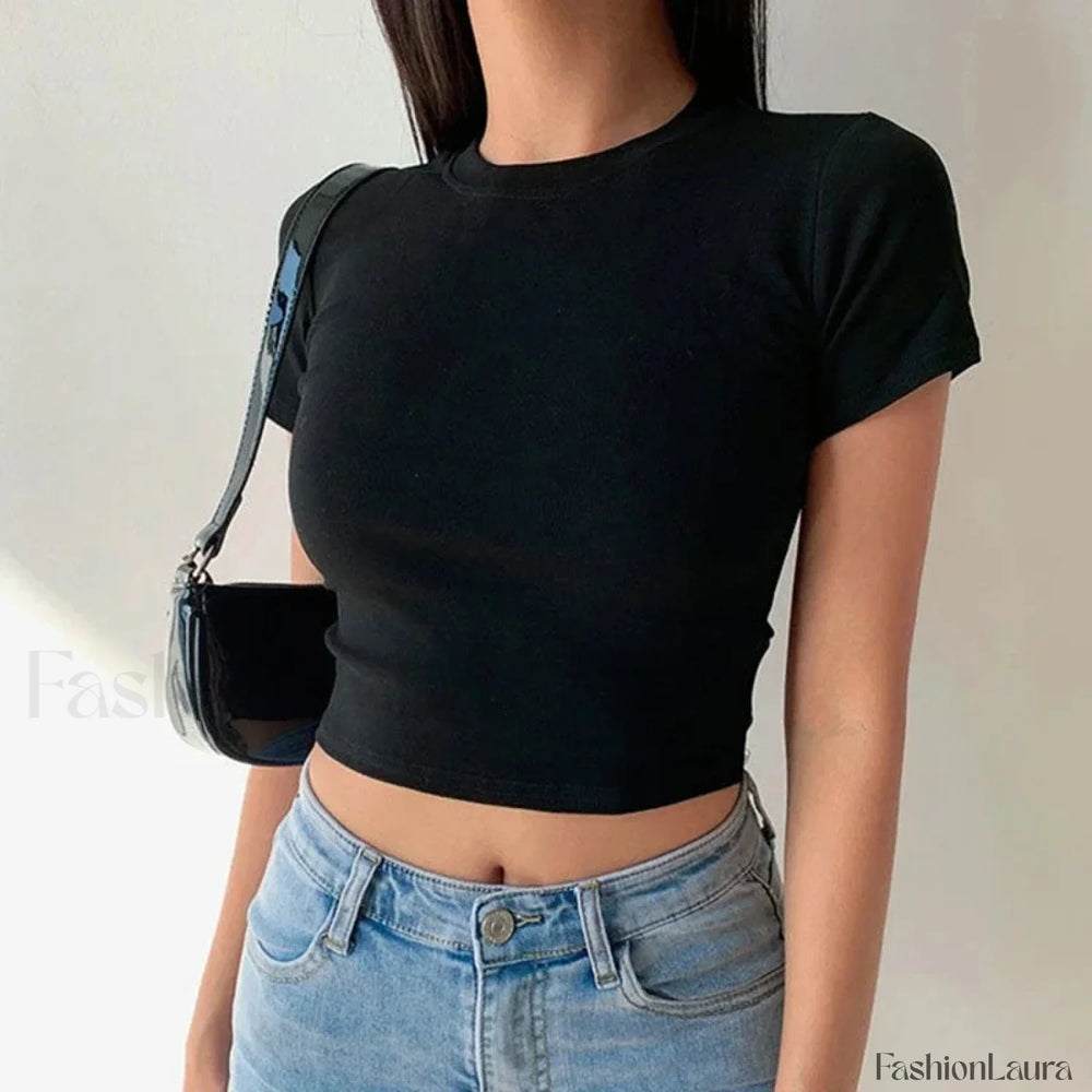 Short Sleeve Solid Simple Casual Crop Top