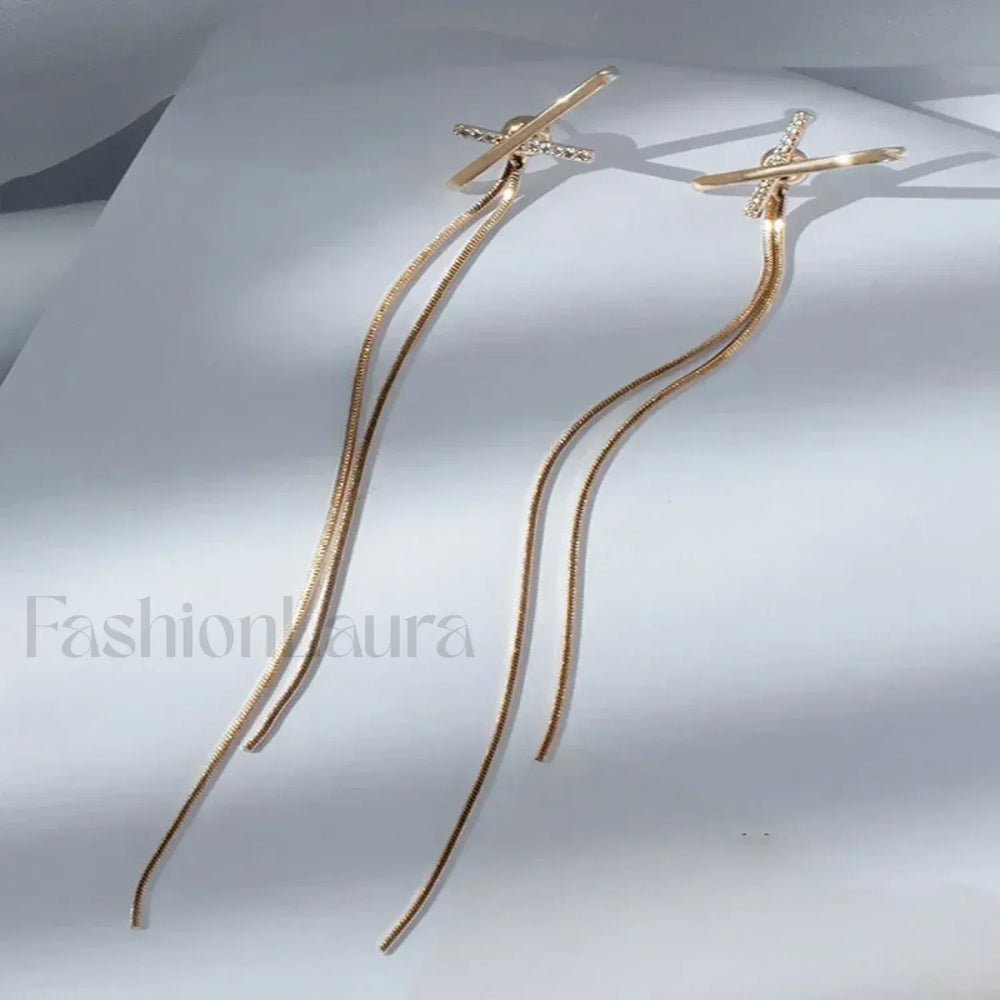 Simple Cross Long Chain Tassel Drop Gold Silver Piercing Trendy Ear Earring