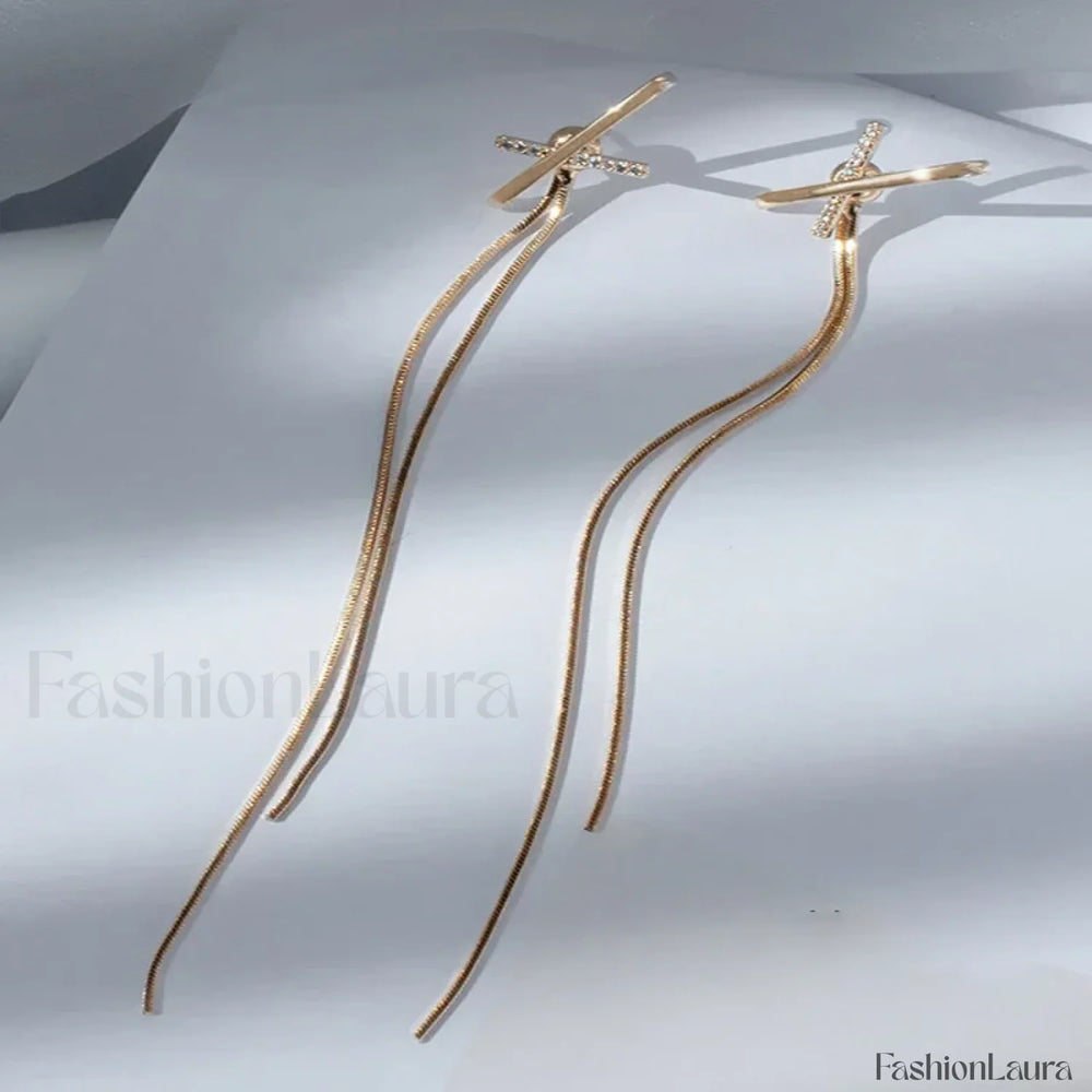 Simple Cross Long Chain Tassel Drop Gold Silver Piercing Trendy Ear Earring Gold