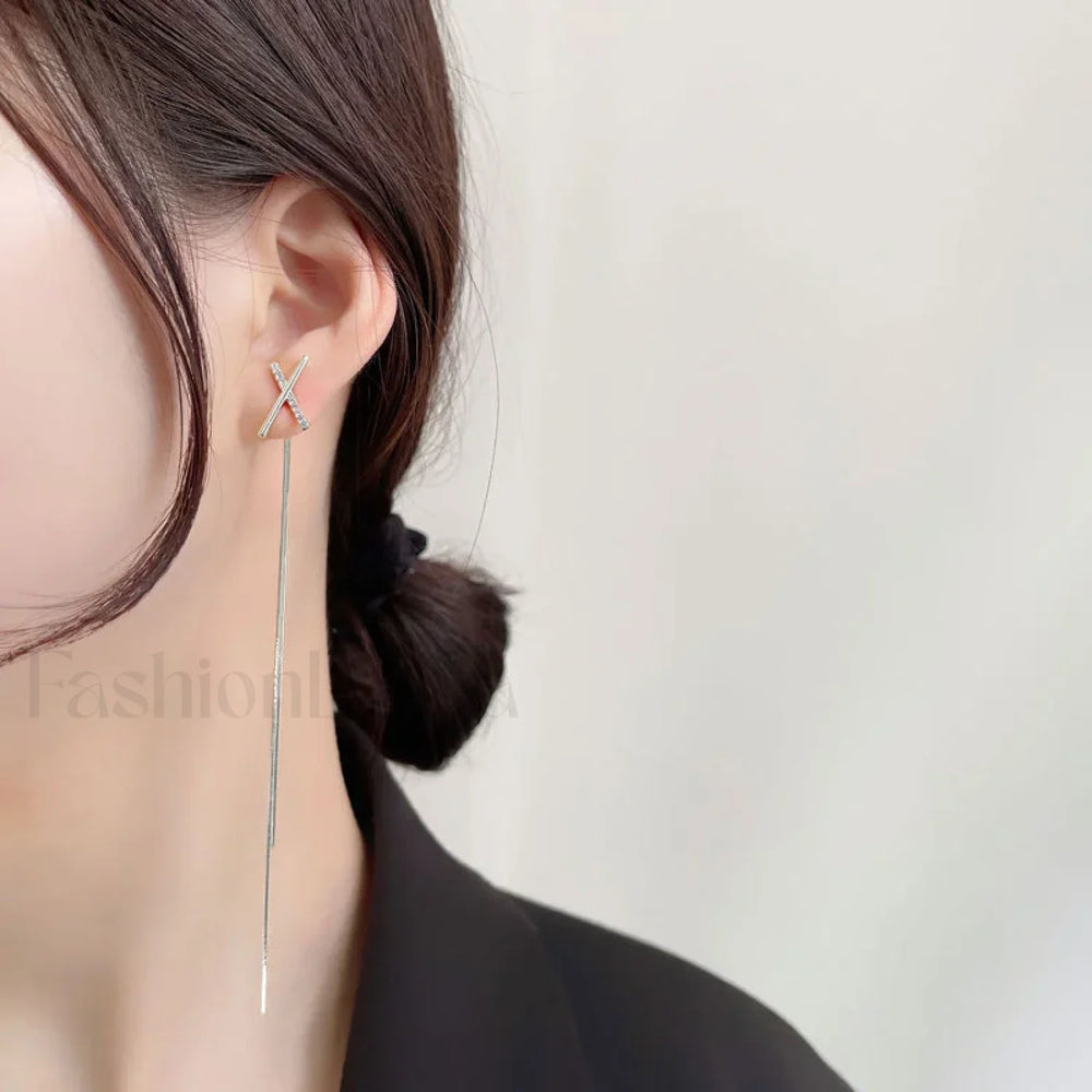 Simple Cross Long Chain Tassel Drop Gold Silver Piercing Trendy Ear Earring