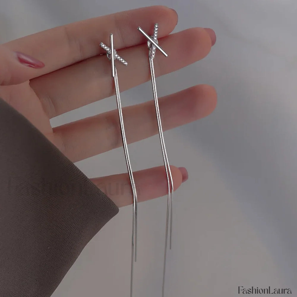 Simple Cross Long Chain Tassel Drop Gold Silver Piercing Trendy Ear Earring Sliver
