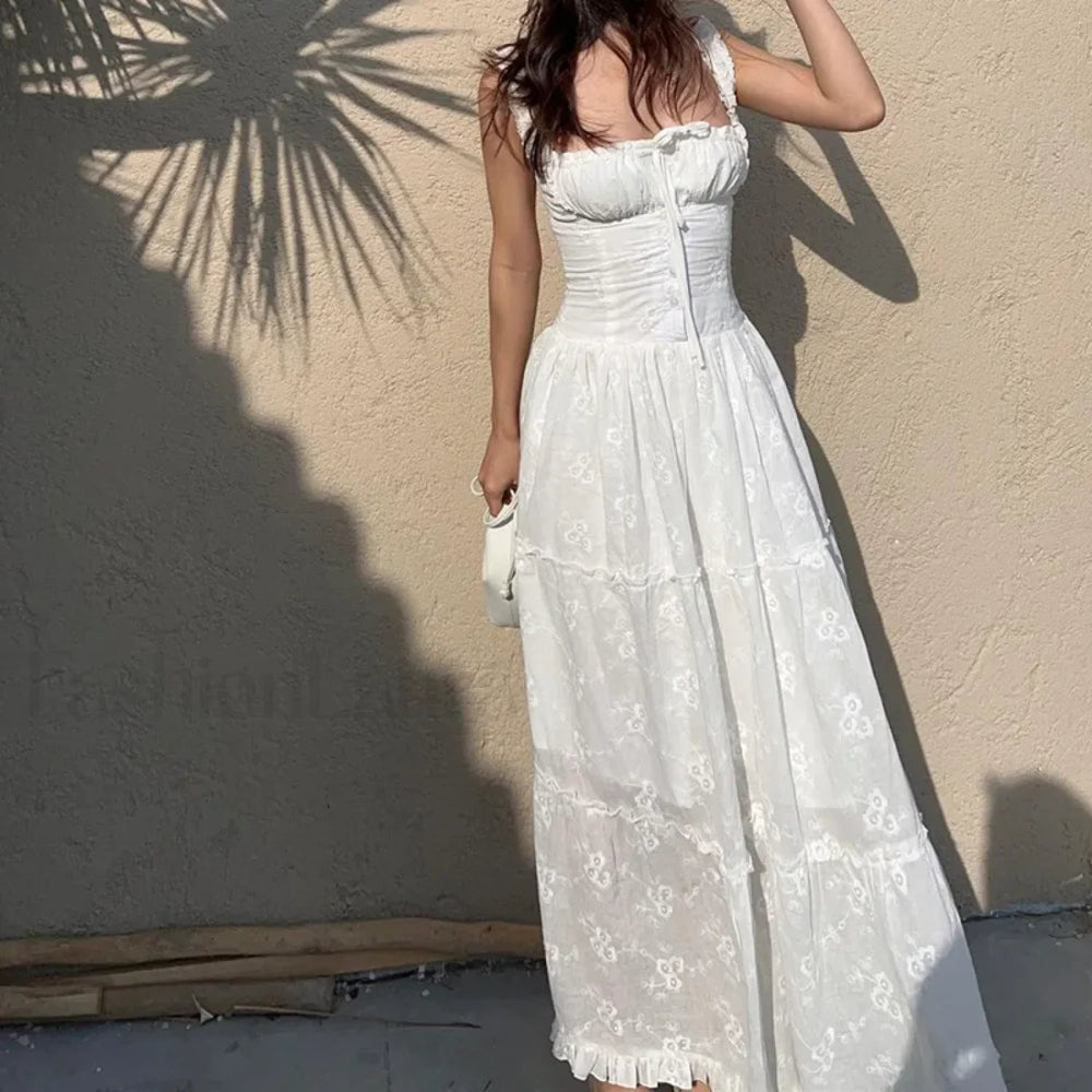 Simple Elegant Square Neck Floral Dress white / S