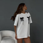 Simple Style Bow Cotton T Shirt WHITE / S