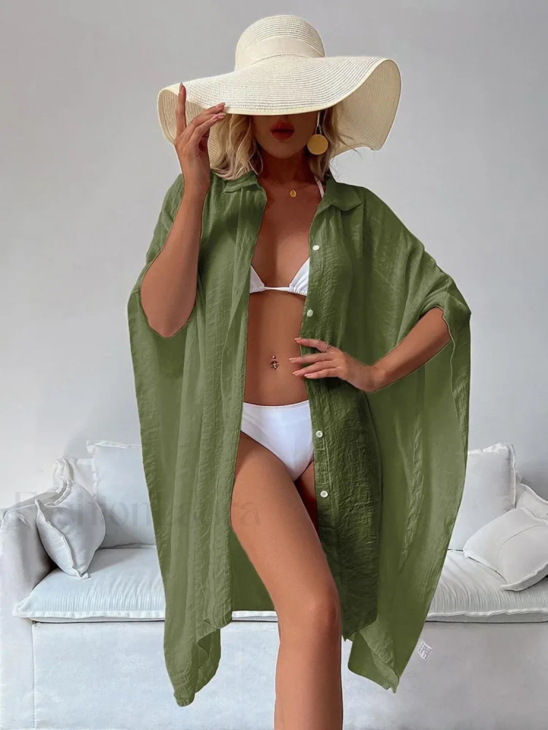 Single Breasted Turn Down Collar Cover Up BEIGE / One Size