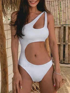 Single Shoulder Hollow Out One Piece WHITE / M