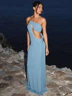Skew Collar Hollow Maxi Dress Light Blue / S