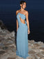Skew Collar Hollow Maxi Dress Light Blue / S