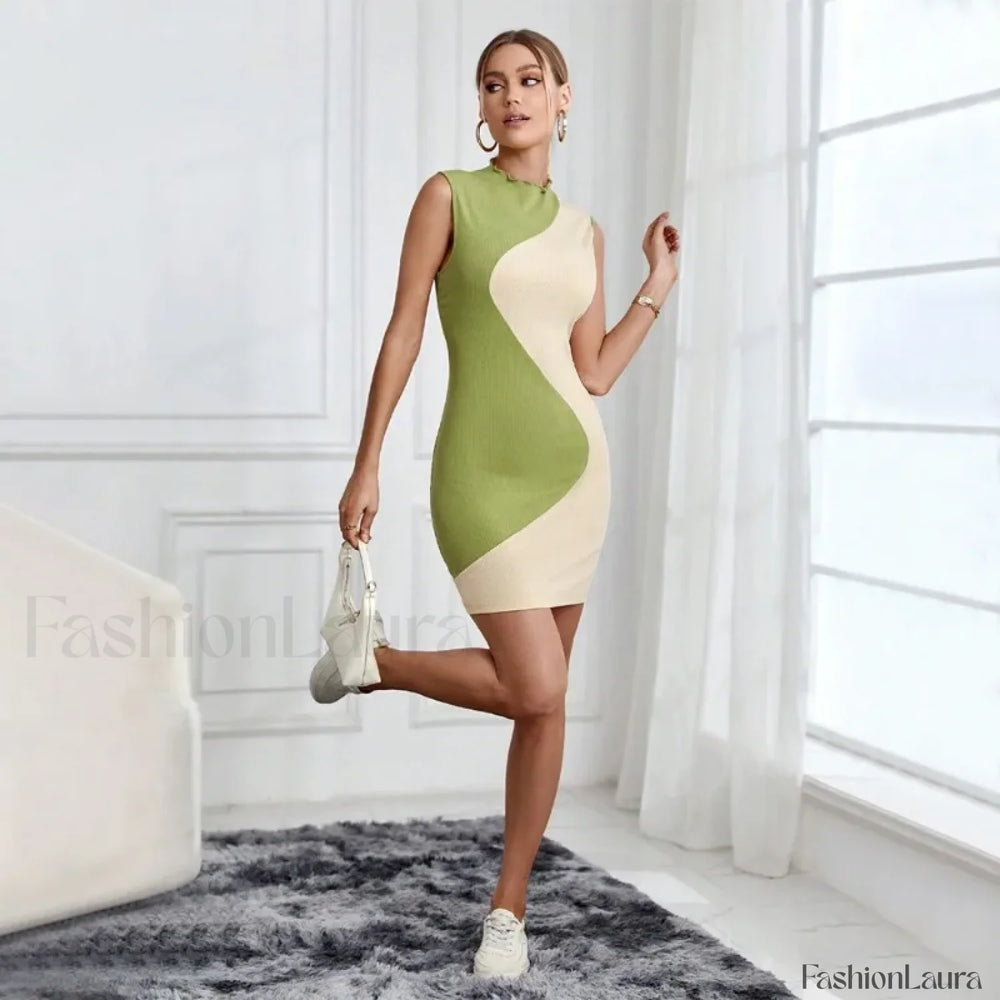 Skinny Knitted Summer Women’s 2024 New Patchwork Sleeveless Slim Elastic High Waist Hip Wrap Mini Dress