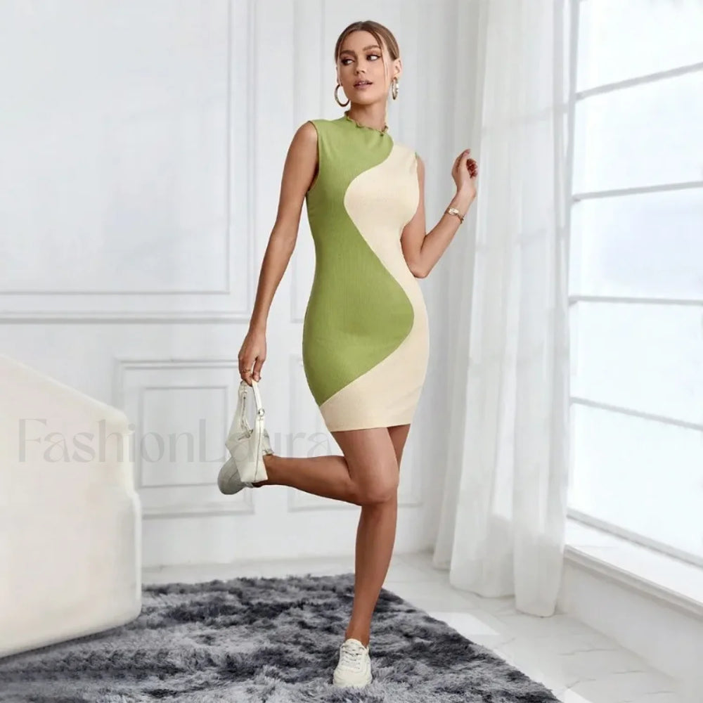 Skinny Knitted Summer Women’s 2024 New Patchwork Sleeveless Slim Elastic High Waist Hip Wrap Mini Dress