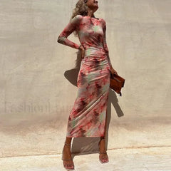 Skinny Mesh Long Sleeve Split Spring/Summer Print Slim Fit Elastic Maxi Dress