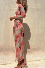 Skinny Mesh Long Sleeve Split Spring/Summer Print Slim Fit Elastic Maxi Dress