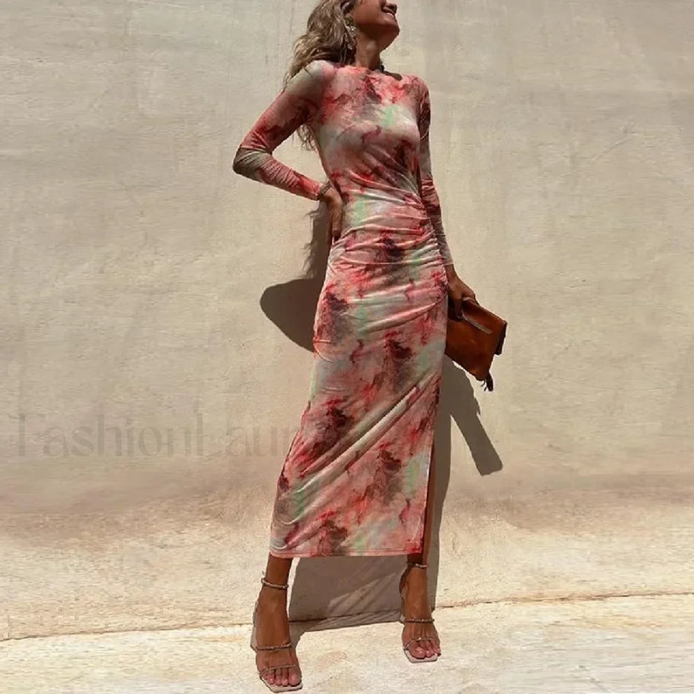 Skinny Mesh Long Sleeve Split Spring/Summer Print Slim Fit Elastic Maxi Dress