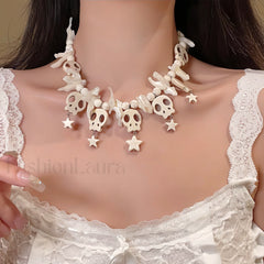Skull Bow Beaded Cross Star Pendant Necklace WHITE