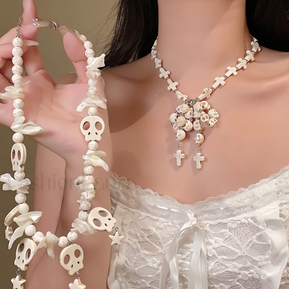 Skull Bow Beaded Cross Star Pendant Necklace WHITE