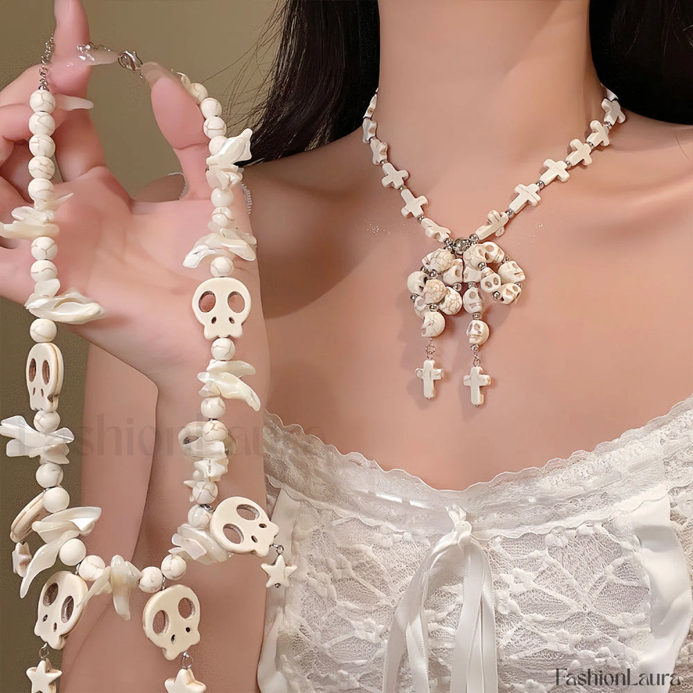 Skull Bow Beaded Cross Star Pendant Necklace WHITE