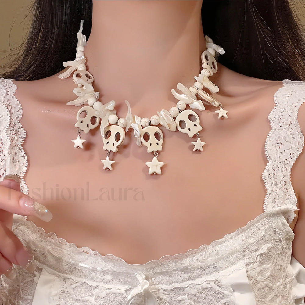 Skull Bow Beaded Cross Star Pendant Necklace WHITE