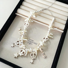 Skull Bow Beaded Cross Star Pendant Necklace WHITE
