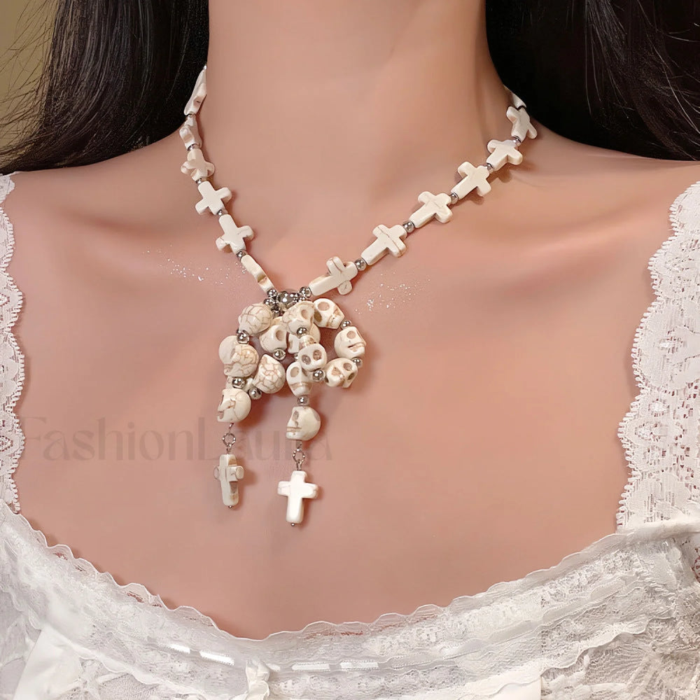 Skull Bow Beaded Cross Star Pendant Necklace WHITE