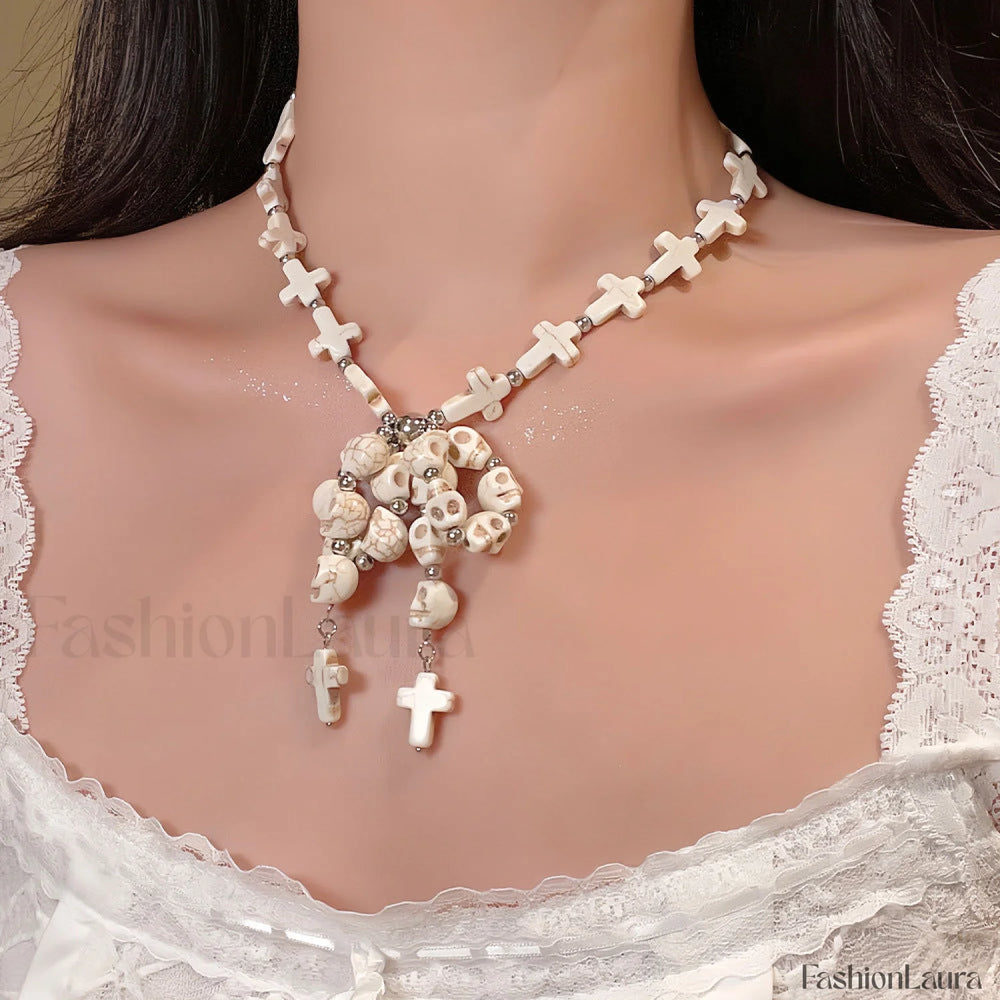 Skull Bow Beaded Cross Star Pendant Necklace WHITE
