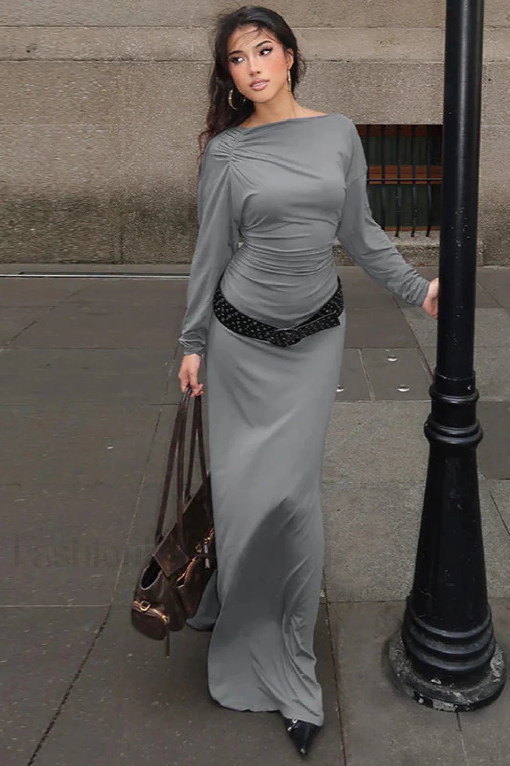 Slant Neck Pleated Slim Fit Celebrity Temperament Maxi Dress Grey / S Main image