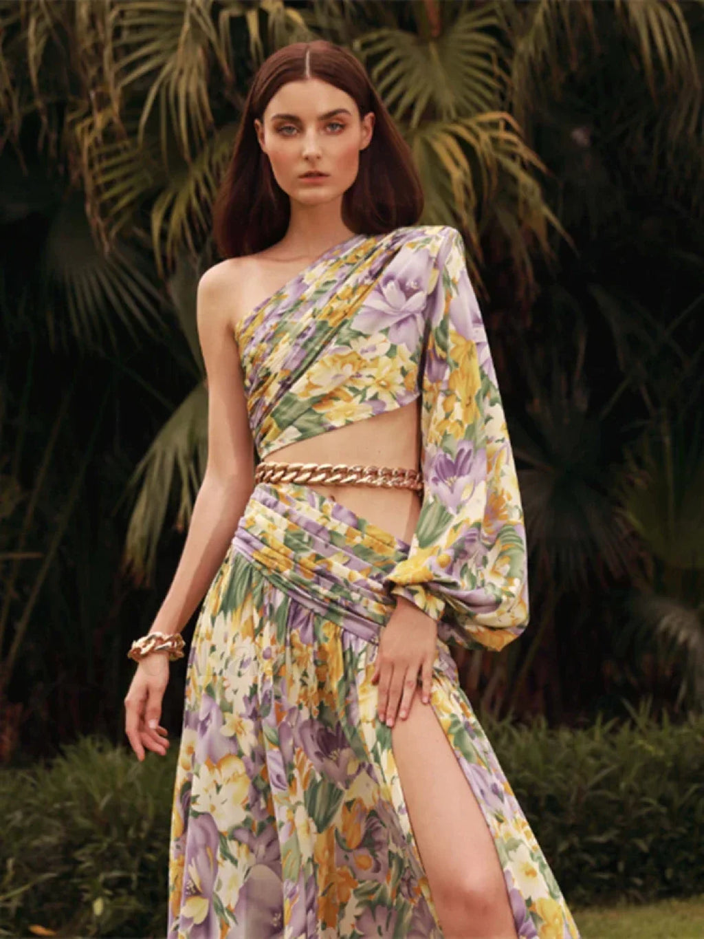 Slanted Chain Shoulder Floral Dress white / S