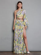 Slanted Chain Shoulder Floral Dress white1 / S