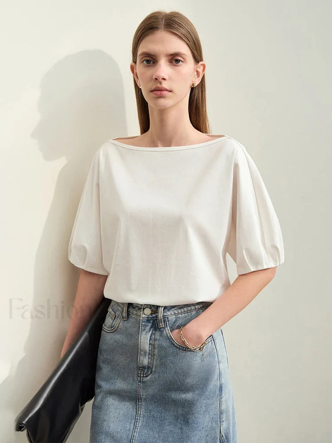 Slash Neck Lantern Sleeve T Shirt