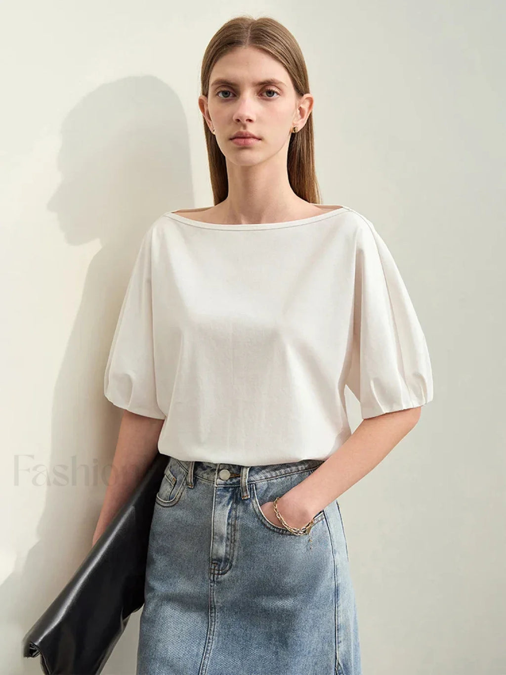 Slash Neck Lantern Sleeve T Shirt