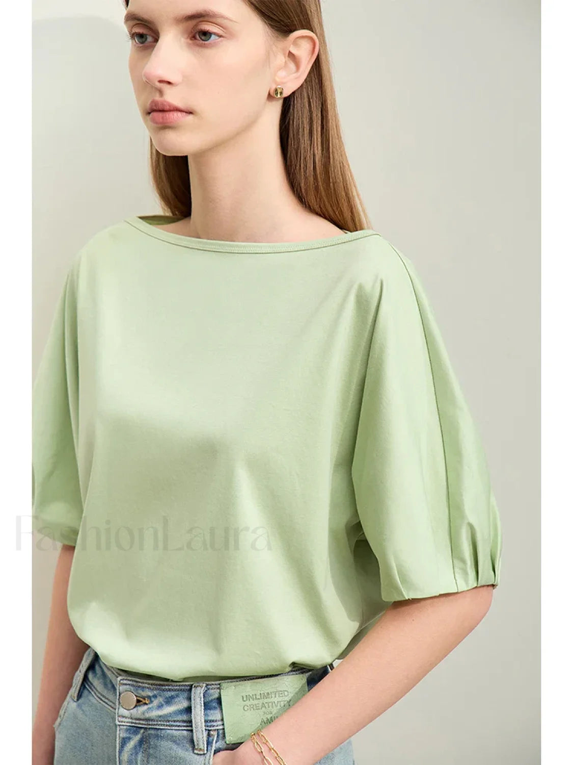 Slash Neck Lantern Sleeve T Shirt Nutmeg green / S Main image