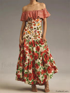 Slash Neck Off Shoulder Floral Dress red / S